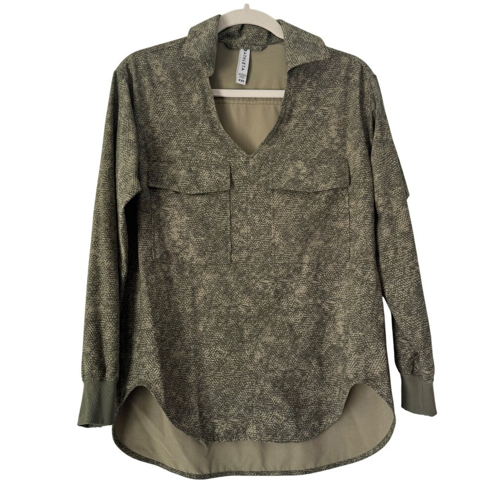 Athleta Zuma Printed Top Viper Shadow Women's Olive Green LS Pullover Top XXS